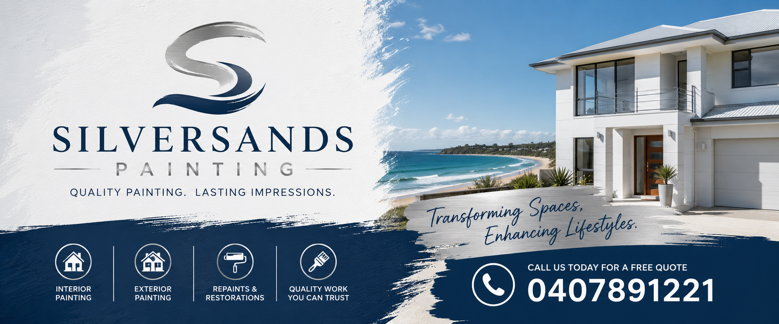 Silversands Painting banner with logo on left, modern house on right, slogan Transforming Spaces, Enhancing Lifestyles.