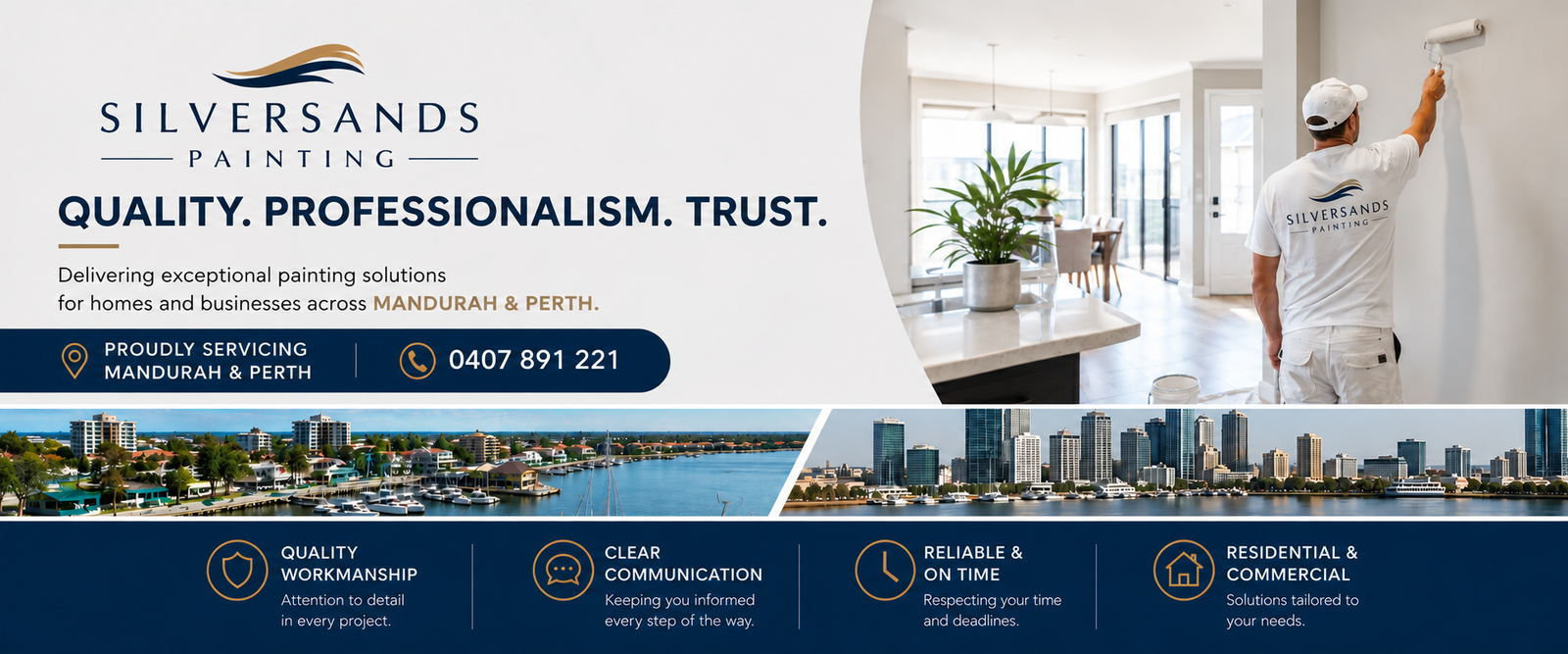 Silversands Painting banner: a painter applying paint on a wall in a bright home, with logo and the slogan 'Quality. Professionalism. Trust.'